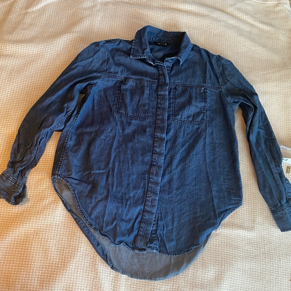 Joe Fresh Dark Blue Cotton Rayon Denim Casual Button Down Shirt